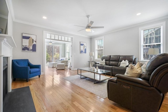 57 Sophia Dr, Rehoboth, MA 02769 - living room featuring light wood finished floors, crown molding, baseboards, and a ceiling fan