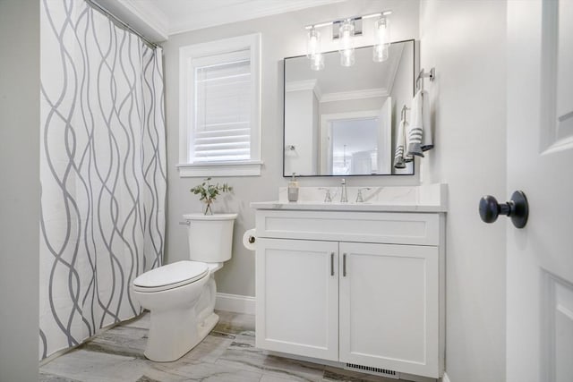 57 Sophia Dr, Rehoboth, MA 02769 - full bathroom with toilet, marble finish floor, vanity, and crown molding