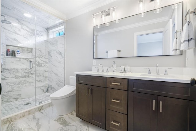 57 Sophia Dr, Rehoboth, MA 02769 - full bathroom featuring a sink, toilet, marble finish floor, ornamental molding, and a marble finish shower