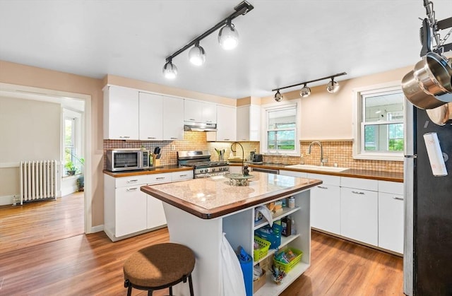 112 Lawrence St, Fitchburg, MA 01420 - kitchen featuring radiator heating unit, appliances with stainless steel finishes, a sink, under cabinet range hood, and white cabinetry