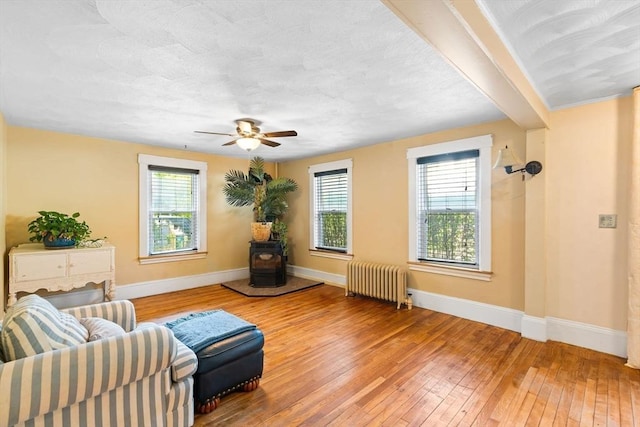 112 Lawrence St, Fitchburg, MA 01420 - living area with radiator, a wood stove, wood-type flooring, and healthy amount of natural light