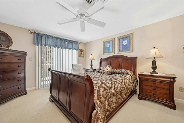 bedroom featuring access to exterior, light carpet, ceiling fan, baseboards, and visible vents