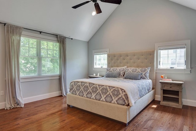 122 Crescent Rd, Concord, MA 01742 - bedroom with high vaulted ceiling, wood finished floors, and a ceiling fan
