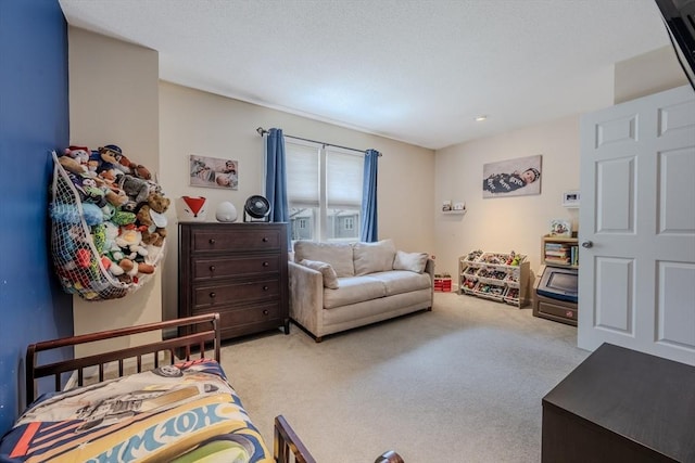 bedroom featuring light colored carpet