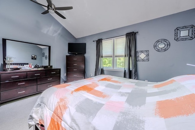 bedroom with ceiling fan, high vaulted ceiling, and carpet flooring
