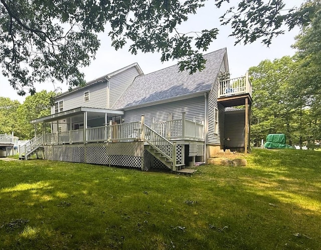 6 Debbie Ln, Freetown, MA 02702 - back of house with stairs, roof with shingles, a lawn, and a deck