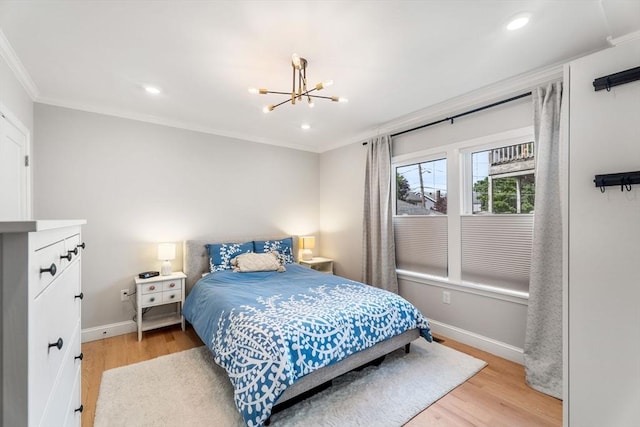 172 Orchard St Unit 172, Watertown, MA 02472 - bedroom featuring a chandelier, ornamental molding, baseboards, light wood-style flooring, and recessed lighting