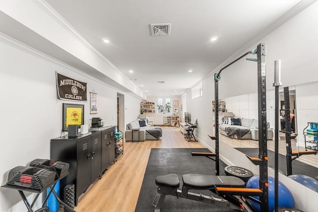 172 Orchard St Unit 172, Watertown, MA 02472 - workout area with light wood-style floors, crown molding, and recessed lighting