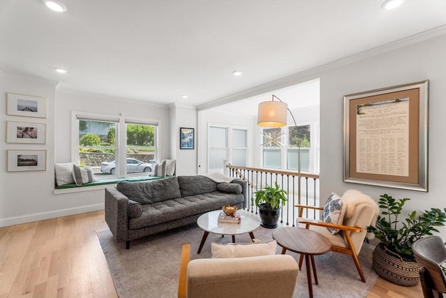 172 Orchard St Unit 172, Watertown, MA 02472 - living area featuring ornamental molding, light wood-style flooring, baseboards, and recessed lighting