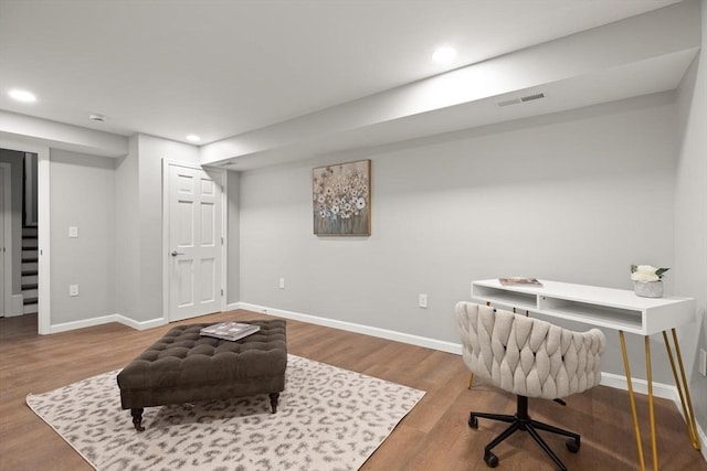 office with recessed lighting, baseboards, and wood finished floors