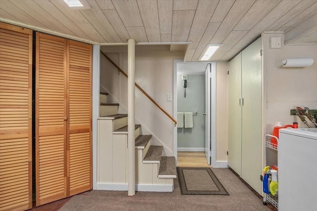 100 Williams Ave, Boston, MA 02136 - finished below grade area with washer / dryer, wooden ceiling, carpet floors, and stairs