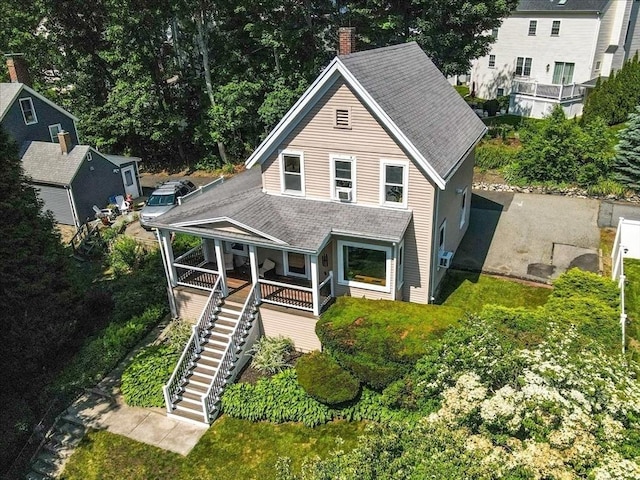 100 Williams Ave, Boston, MA 02136 - view of front of house featuring roof with shingles, covered porch, a chimney, and stairway