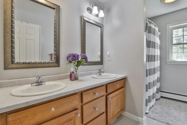 bathroom featuring double vanity and a shower with shower curtain