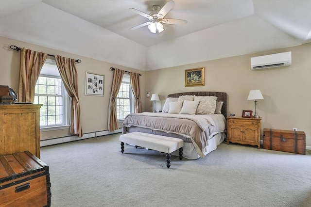 bedroom featuring a wall unit AC, a baseboard radiator, carpet, ceiling fan, and lofted ceiling