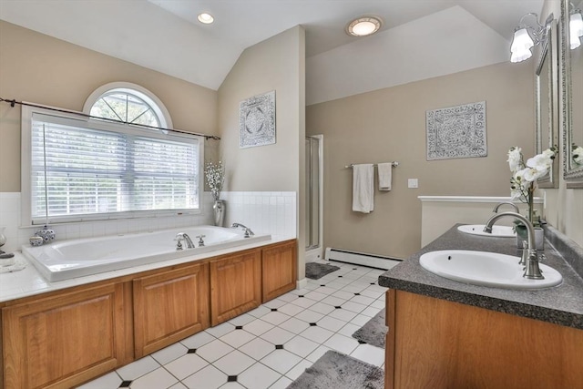 full bath featuring a baseboard radiator, lofted ceiling, a bath, a stall shower, and double vanity