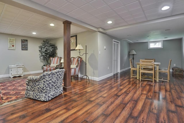 dining space with recessed lighting, wood finished floors, and baseboards