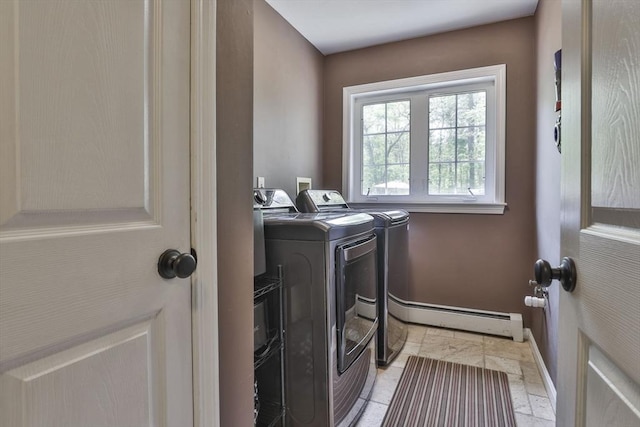 laundry room with a baseboard radiator, washing machine and clothes dryer, and baseboards