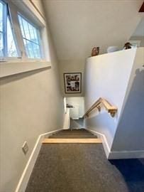 staircase with carpet flooring and vaulted ceiling