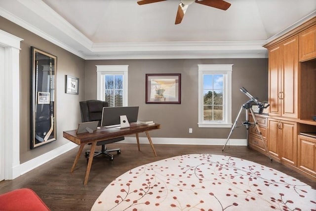 office area with a wealth of natural light, a raised ceiling, and ornamental molding