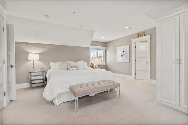 carpeted bedroom with recessed lighting and baseboards