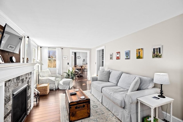 living room with a fireplace and hardwood / wood-style floors