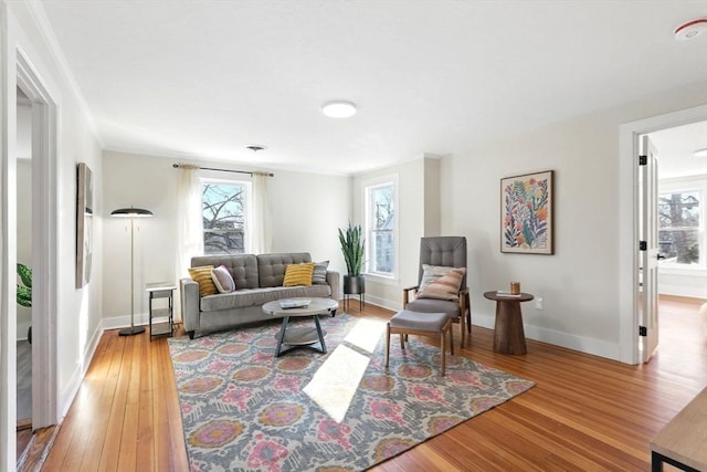 living room with baseboards and hardwood / wood-style floors