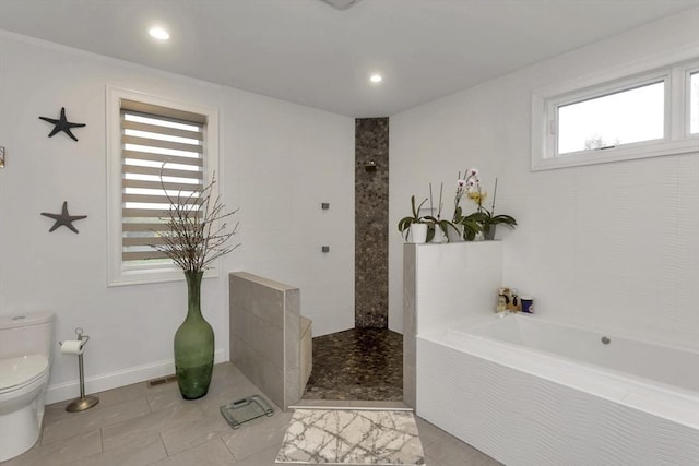 full bath with toilet, a walk in shower, a garden tub, tile patterned floors, and recessed lighting