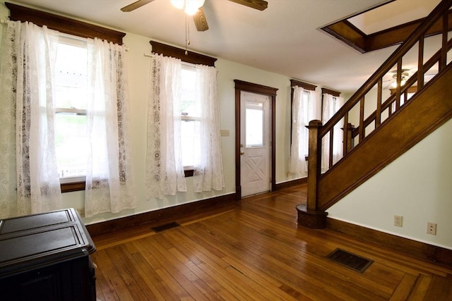 82 Worcester St, West Springfield, MA 01089 - foyer with ceiling fan, stairway, hardwood / wood-style floors, and baseboards