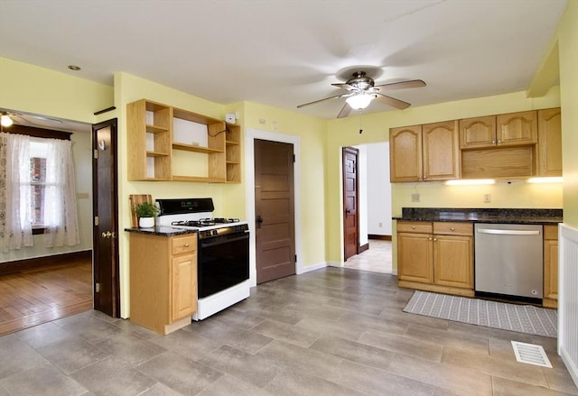 82 Worcester St, West Springfield, MA 01089 - kitchen featuring stainless steel dishwasher, range with gas stovetop, open shelves, ceiling fan, and baseboards