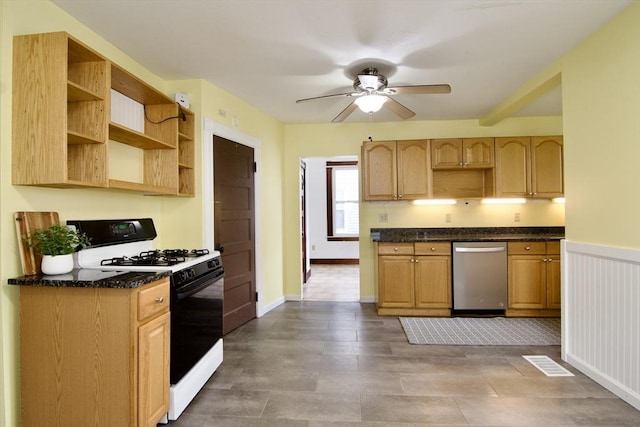 82 Worcester St, West Springfield, MA 01089 - kitchen with stainless steel dishwasher, gas stove, open shelves, a ceiling fan, and dark stone counters