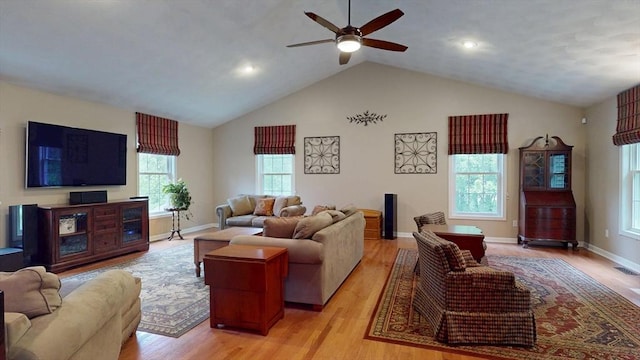 659 Sherman Farm Rd, Burrillville, RI 02830 - living area featuring ceiling fan, light wood-style flooring, vaulted ceiling, and baseboards