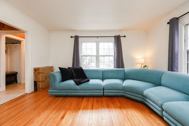 living room featuring ornamental molding and hardwood / wood-style flooring