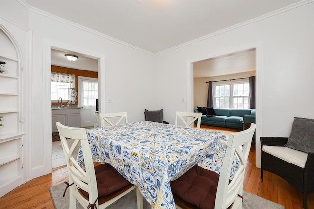 bedroom with sink, multiple windows, crown molding, and light hardwood / wood-style flooring