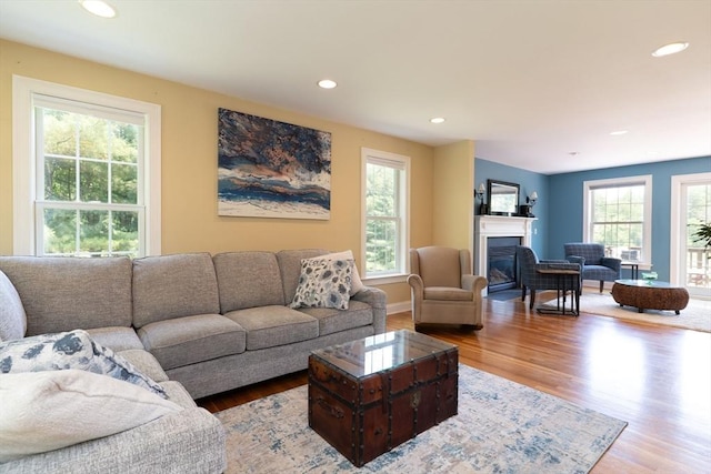 9 Old Poor Farm Rd, Ware, MA 01082 - living area featuring wood finished floors, a glass covered fireplace, and recessed lighting