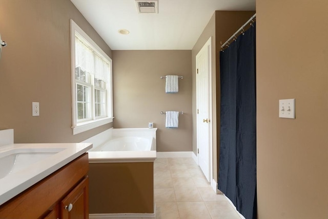 9 Old Poor Farm Rd, Ware, MA 01082 - full bathroom with vanity, tile patterned flooring, a bath, and a shower with shower curtain