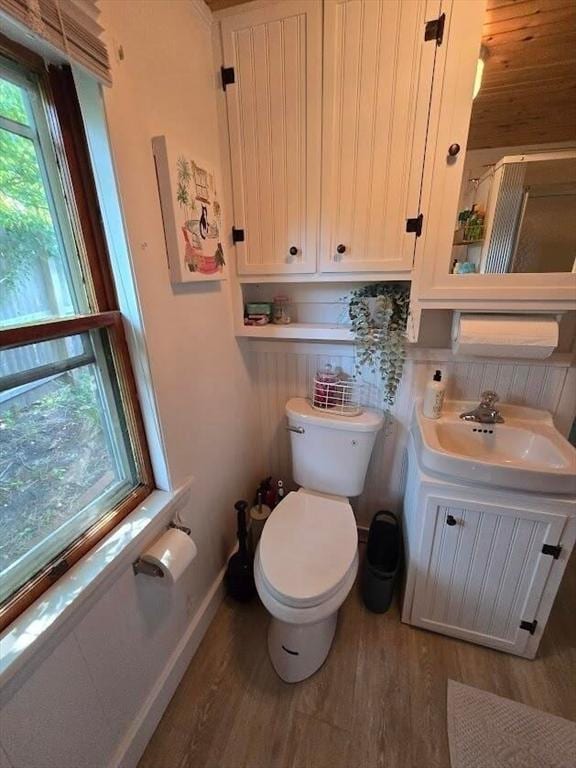 bathroom featuring toilet, vanity, wood finished floors, and baseboards