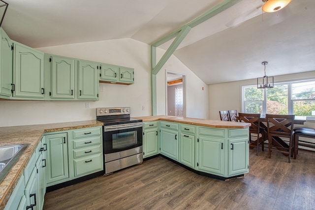 kitchen featuring kitchen peninsula, pendant lighting, lofted ceiling, dark hardwood / wood-style floors, and electric range