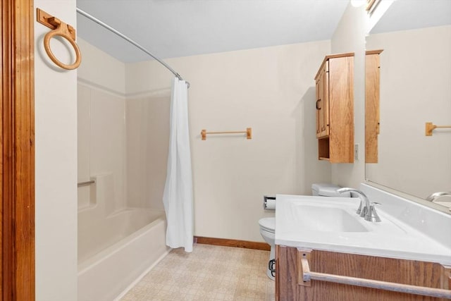 full bathroom with vanity, toilet, and shower / tub combo with curtain