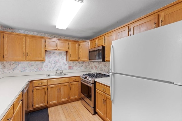 kitchen featuring sink, light wood-type flooring, and appliances with stainless steel finishes