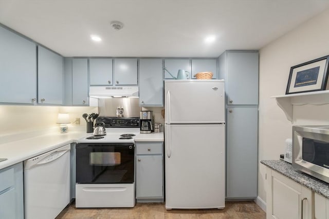 49 Melrose St Unit 4E, Melrose, MA 02176 - kitchen with white appliances, under cabinet range hood, light countertops, and gray cabinets