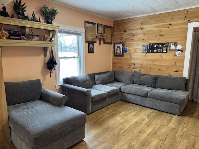 living room with wooden walls, light wood-style flooring, and crown molding