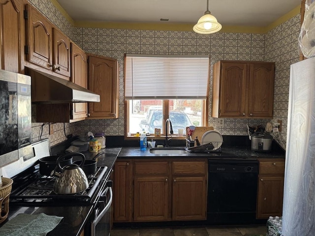 kitchen with a sink, black dishwasher, dark countertops, decorative backsplash, and gas range