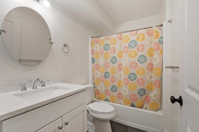 full bathroom featuring vanity, tile patterned flooring, toilet, and shower / bathtub combination with curtain