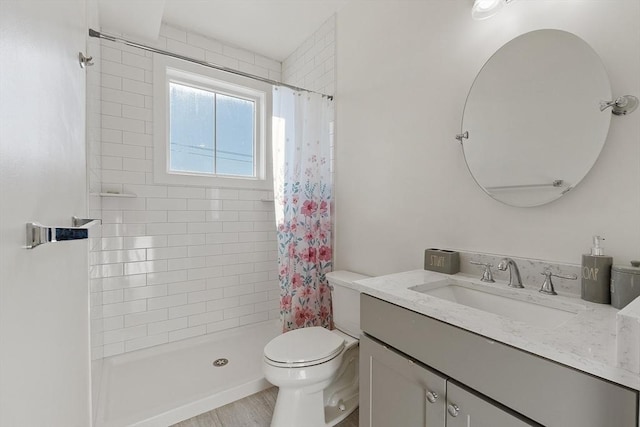 bathroom featuring vanity, toilet, and curtained shower