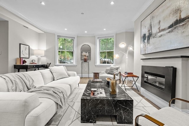 407 Shawmut Ave Unit 1, Boston, MA 02118 - living room featuring recessed lighting, plenty of natural light, ornamental molding, a glass covered fireplace, and light wood-style flooring