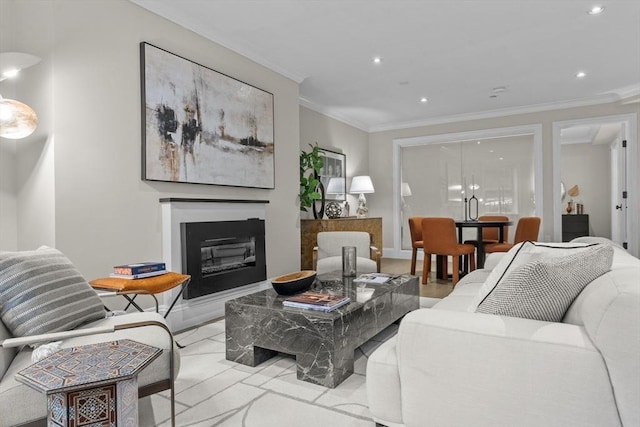 407 Shawmut Ave Unit 1, Boston, MA 02118 - living area featuring crown molding, recessed lighting, and a glass covered fireplace