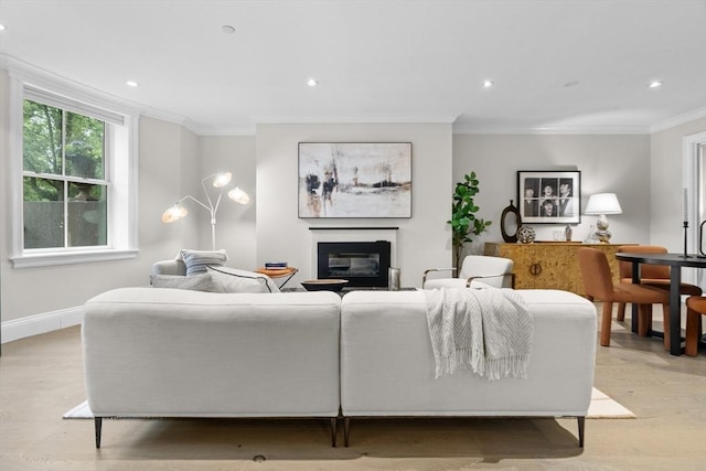 407 Shawmut Ave Unit 1, Boston, MA 02118 - living room featuring ornamental molding, light wood finished floors, a glass covered fireplace, and recessed lighting