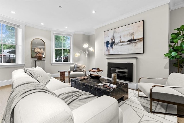 407 Shawmut Ave Unit 1, Boston, MA 02118 - living room with light wood finished floors, healthy amount of natural light, crown molding, recessed lighting, and a glass covered fireplace