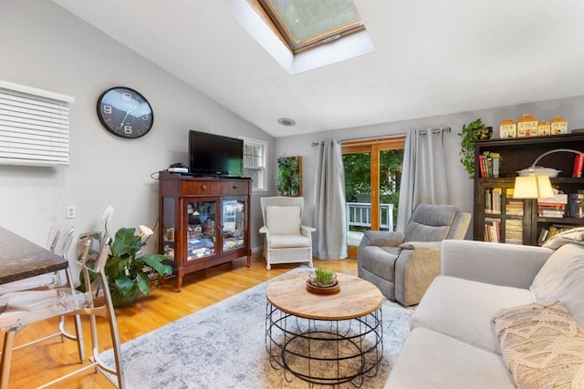 19 Beal Rd, Waltham, MA 02453 - living area featuring a skylight, wood finished floors, and lofted ceiling