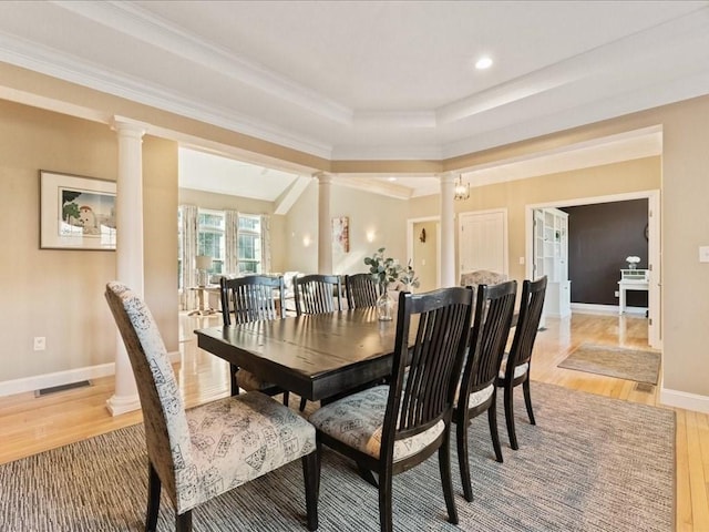 26 Silver Brook Ln Unit 26, Norwell, MA 02061 - dining area with decorative columns, light wood-style floors, ornamental molding, and recessed lighting